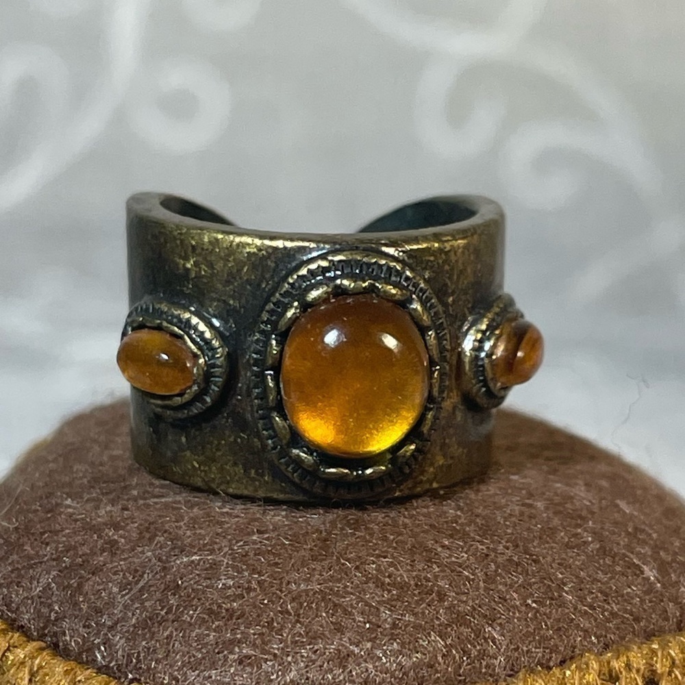 Medieval Style Solid Brass 3 Stone Earth Cuff Ring Band. Size 7.5 Adjustable